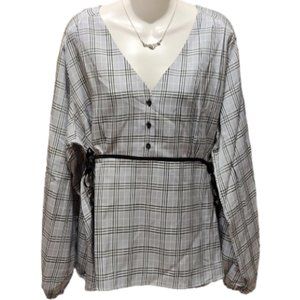 Black White Gray Plaid Lightweight V-Neck Blouse Top Sz 2X or 3X